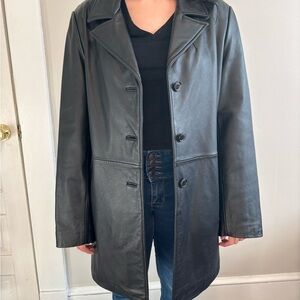 Vintage/Y2K Womens Black Leather Midi Button Up Jacket - Size Large